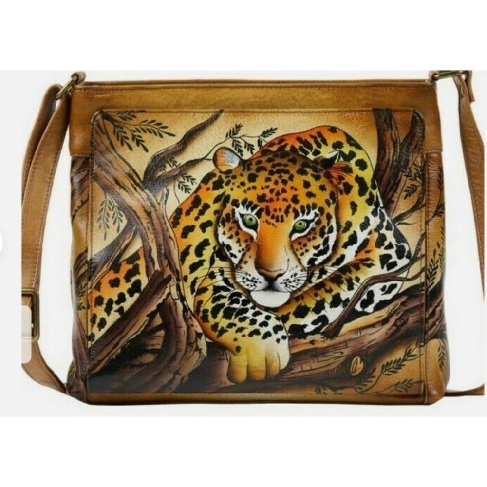 ANUSCHKA  AFRICAN LEOPARD CAT PURSE Hand-Painted Leather Crossbody NEW RARE
